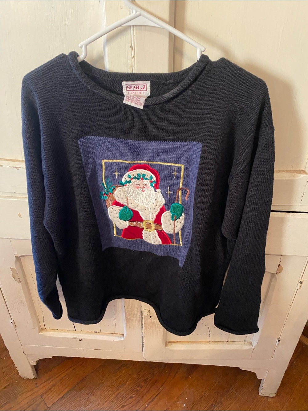 Women's Navy Crewneck Sweater with Embroidered Santa Panel